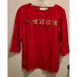Quacker Factory 3/4‎ Sleeve Shirt Embroidered Cowboy Boots Rhinestones Red Sz XS